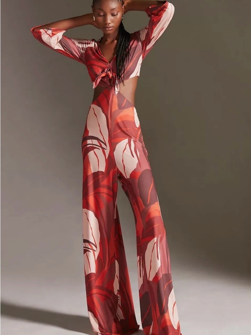 Hutch Red & Blush Abstract Tie-Front Wide-Leg Jumpsuit
